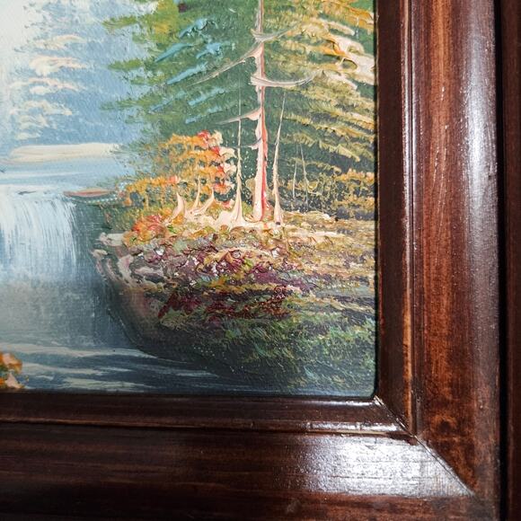 Mc Scott Signed Mountain Landscape Waterfall Acrylic Painting 15x13 Wood Frame - Picture 3 of 7